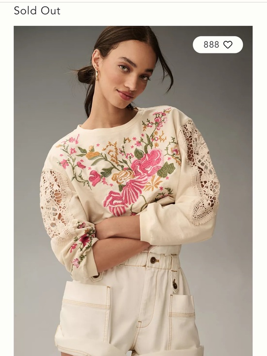 Anthropologie Tops - Anthropologie Cream Sweatshirt with Pink & Green Floral Embroidery